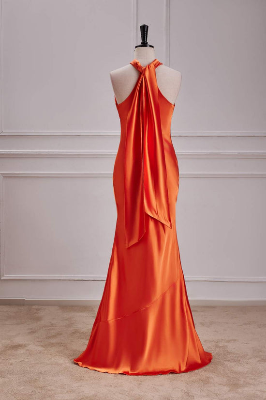 Orange Cross-Front Bow Tie Halter Satin Mermaid Long Bridesmaid Dress