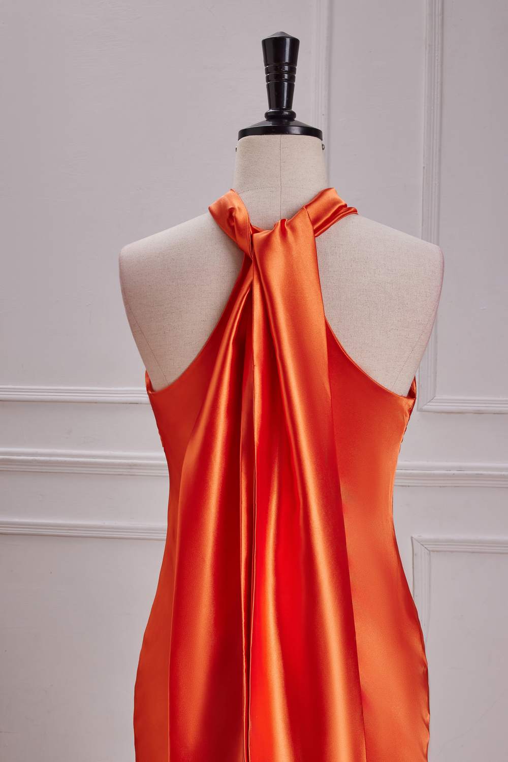 Orange Cross-Front Bow Tie Halter Satin Mermaid Long Bridesmaid Dress