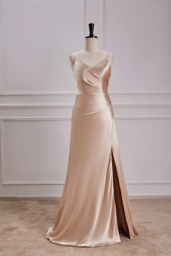 Spaghetti Straps Champagne V-Neck  A-line Slit Long Bridesmaid Dress