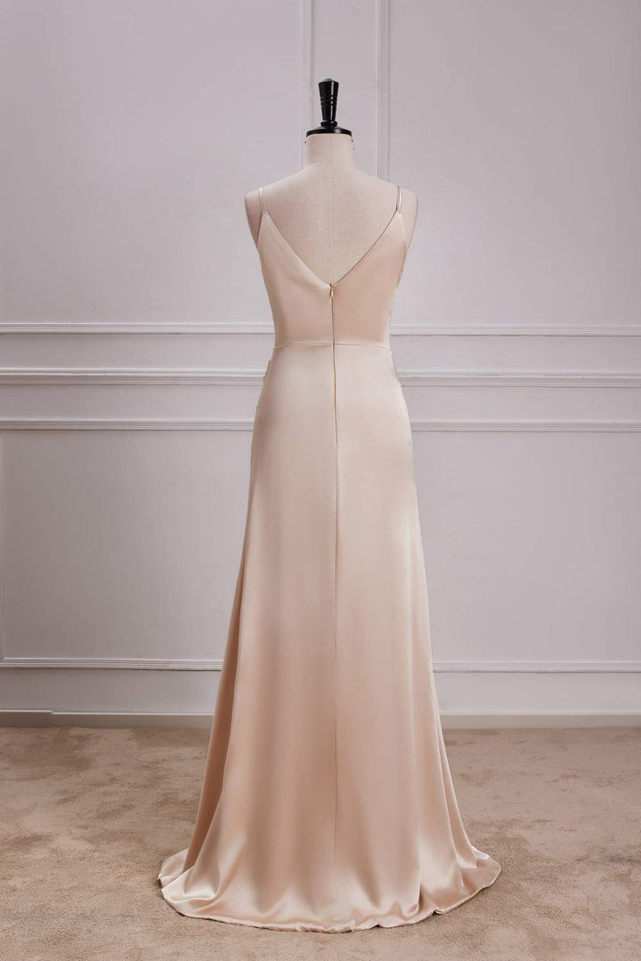 Spaghetti Straps Champagne V-Neck  A-line Slit Long Bridesmaid Dress