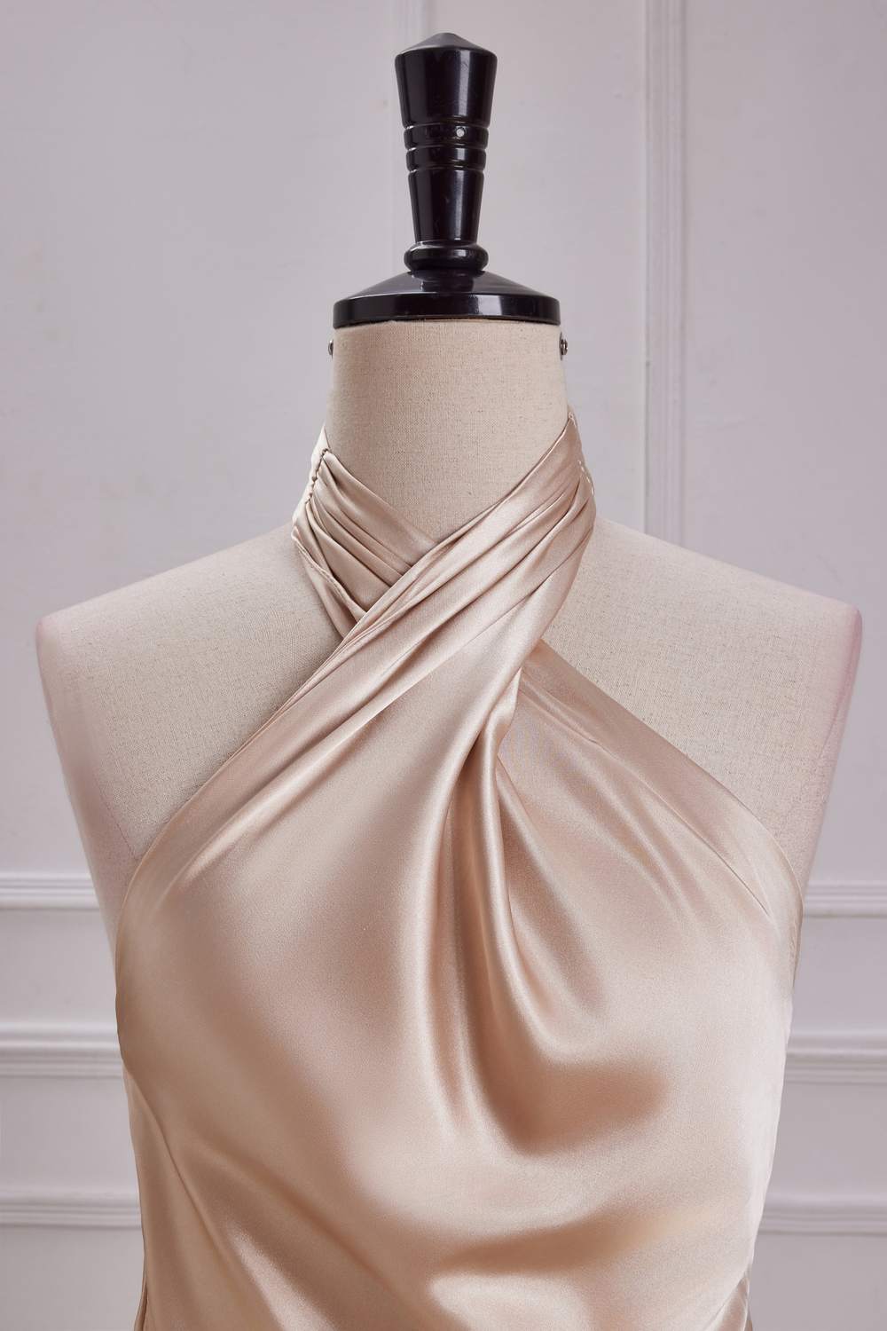 Crossed Halter Satin Champagne Ruffled Mermaid Long Bridesmaid Dress