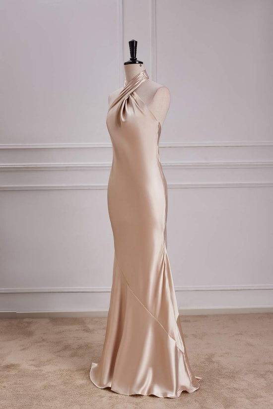 Crossed Halter Satin Champagne Ruffled Mermaid Long Bridesmaid Dress