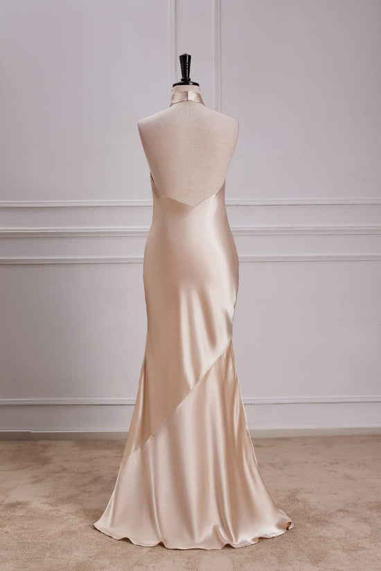 Crossed Halte Satin Champagner Ruffled Mermaid Long Bridesmaid Dress