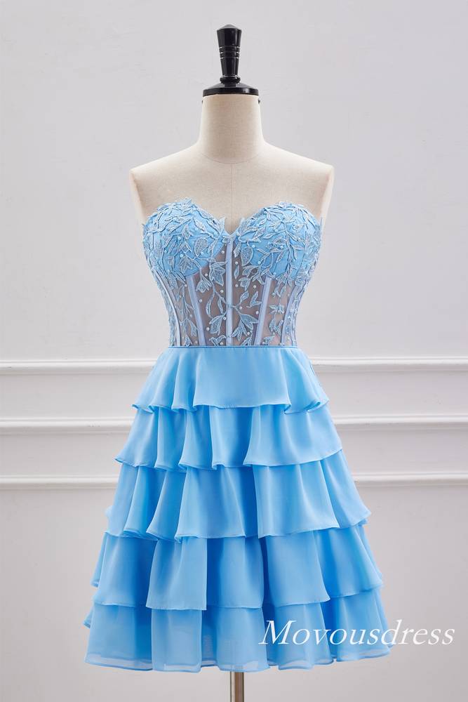 Light Blue Applique Chiffon Beaded Layered Homecoming Dress