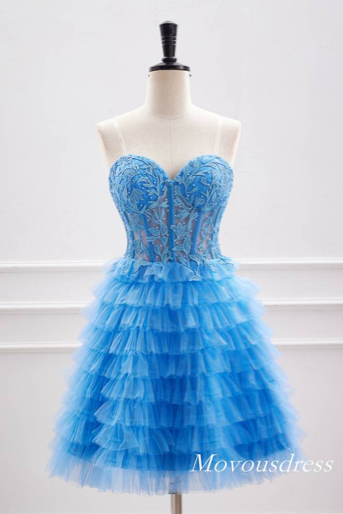 Blue Strapless Applique Beaded Multi-Layers Homecoming Dress