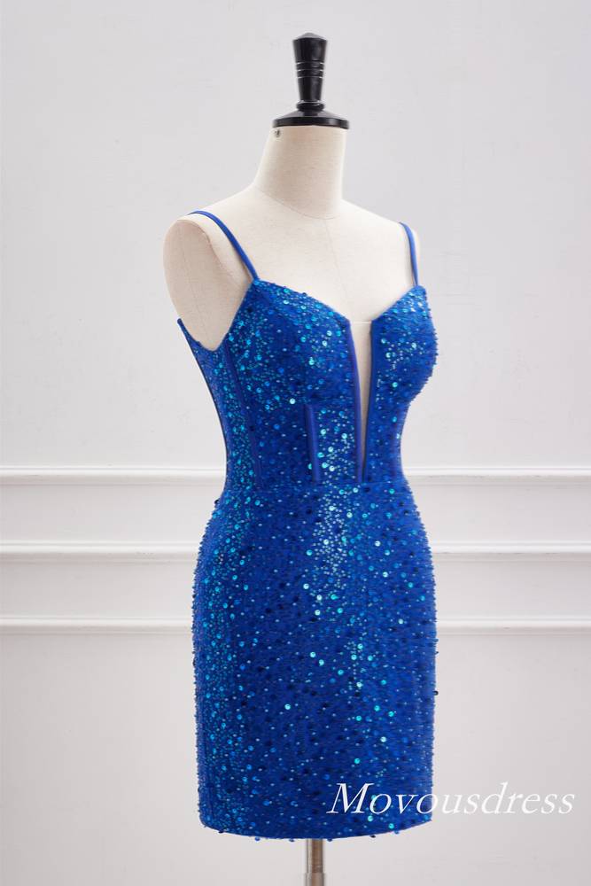 Royal Blue Spaghetti Straps Sequin Boodycon Homecoming Dress