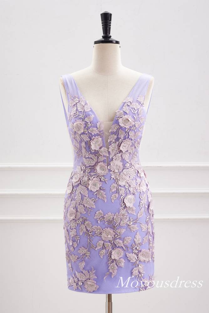 Lavender V-Neck Tight Beaded Homecoming Dress with 3D Floral