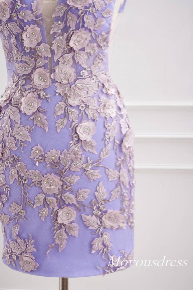 Lavender V-Neck Tight Beaded Homecoming Dress with 3D Floral