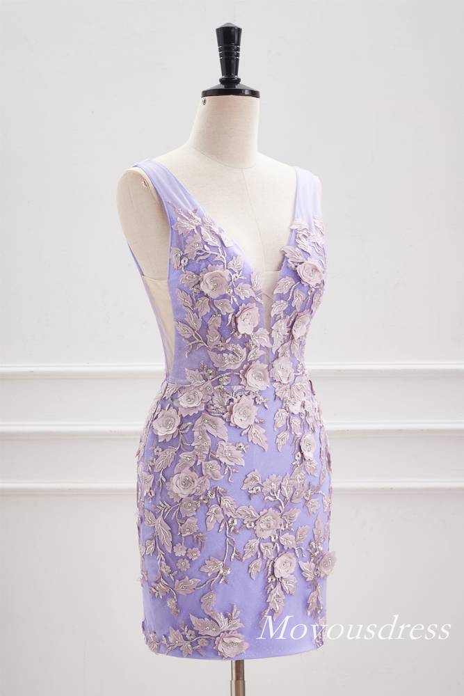 Lavender V-Neck Tight Beaded Homecoming Dress with 3D Floral