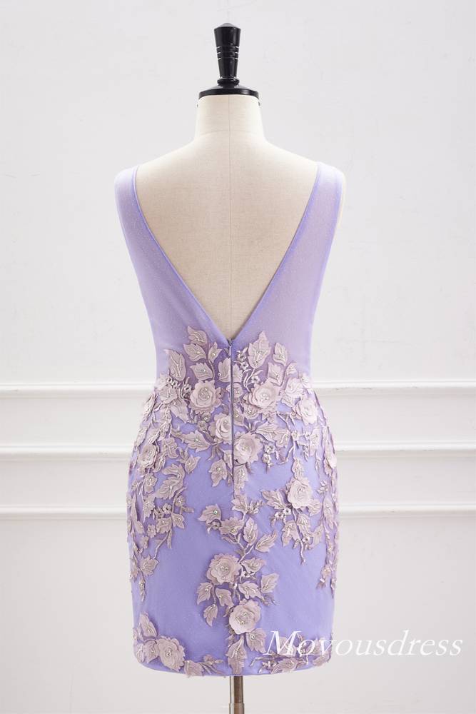 Lavender V-Neck Tight Beaded Homecoming Dress with 3D Floral