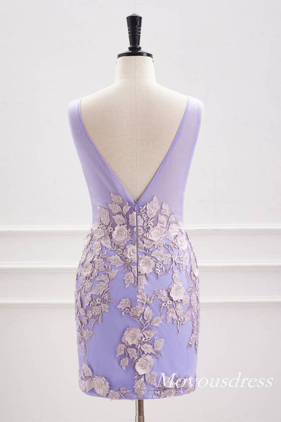 Lavender V-Neck Tight Beaded Homecoming Dress with 3D Floral