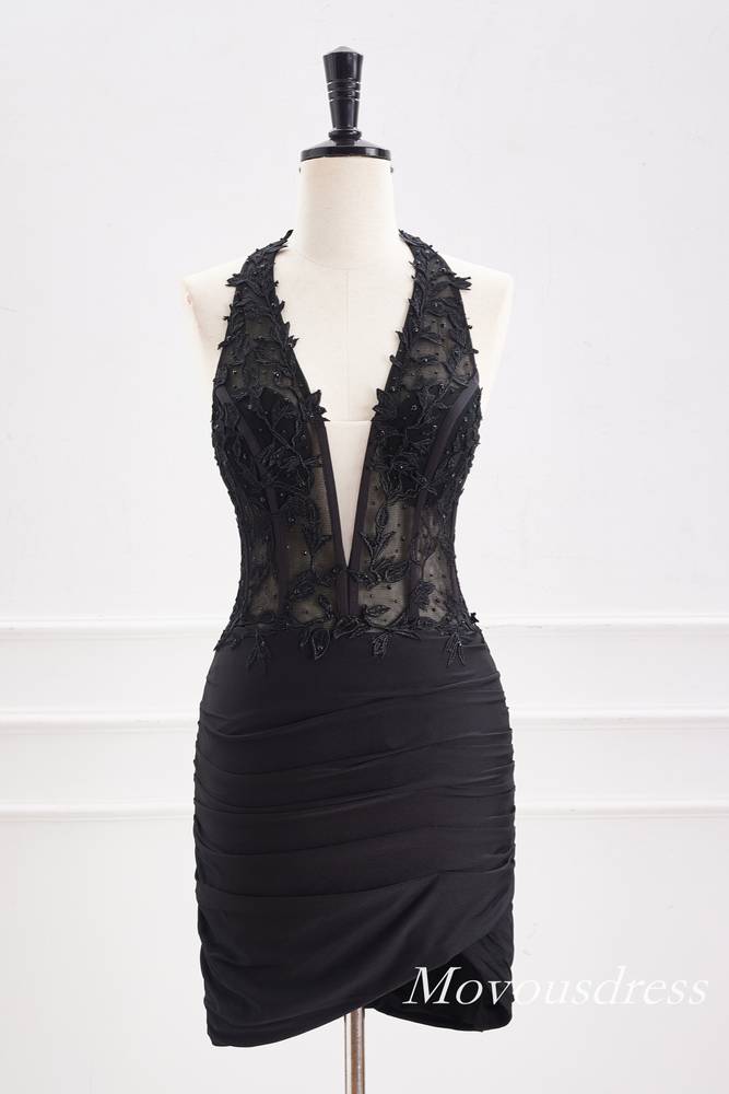 Halter Black Applique Pleated Tight Homecoming Dress