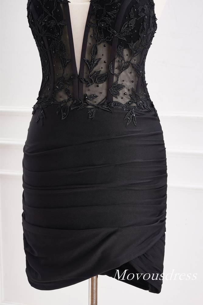 Halter Black Applique Pleated Tight Homecoming Dress