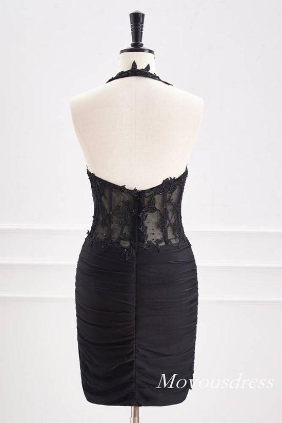 Halter Black Applique Pleated Tight Homecoming Dress