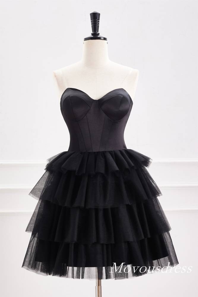 Black Strapless A-Line Tulle Layered Homecoming Dress