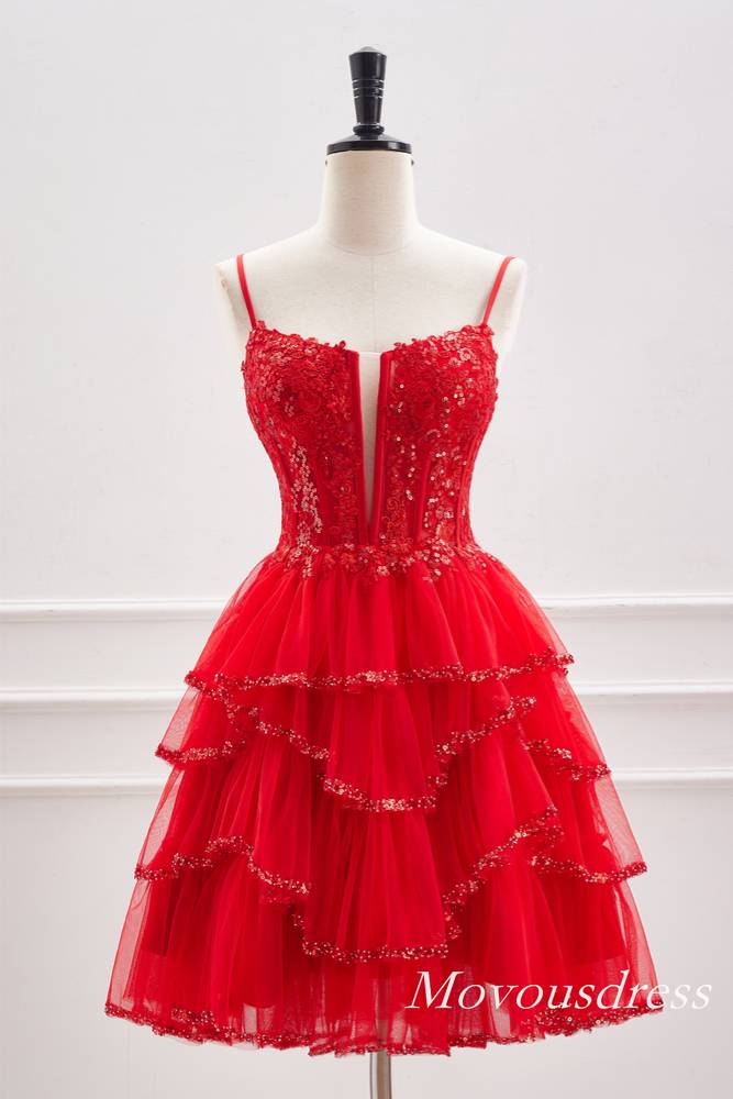 Red Plunging Neck Sequin A-Line Homecoming Dress