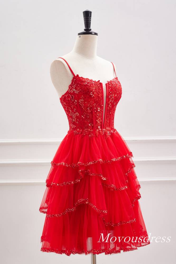 Red Plunging Neck Sequin A-Line Homecoming Dress