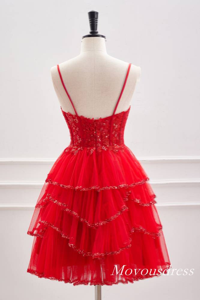 Red Plunging Neck Sequin A-Line Homecoming Dress