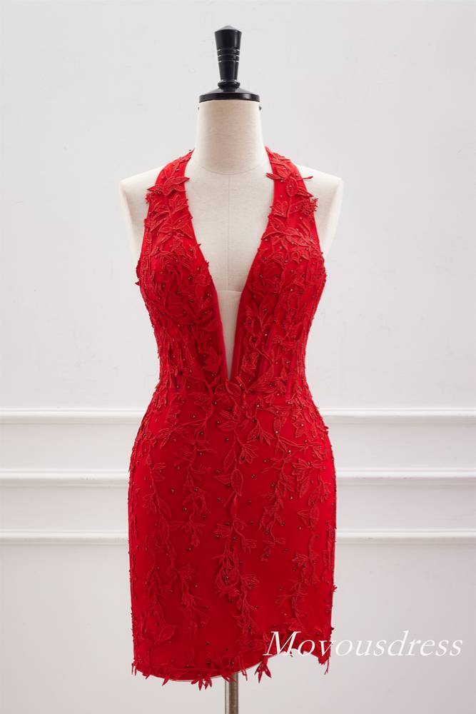 Halter Red Applique Beaded Tight Homecoming Dress