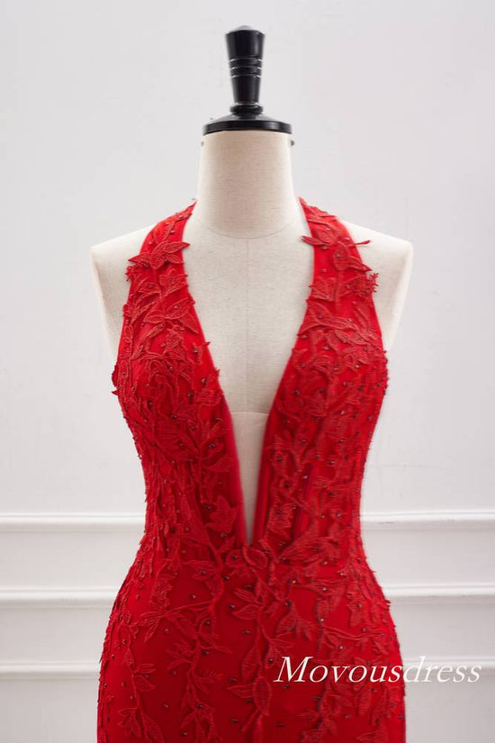 Halter Red Applique Beaded Tight Homecoming Dress