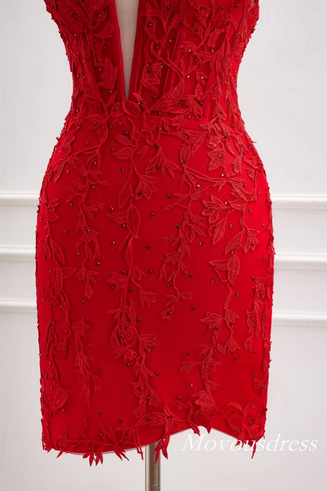 Halter Red Applique Beaded Tight Homecoming Dress