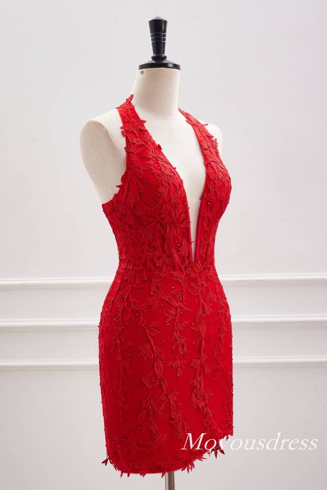 Halter Red Applique Beaded Tight Homecoming Dress