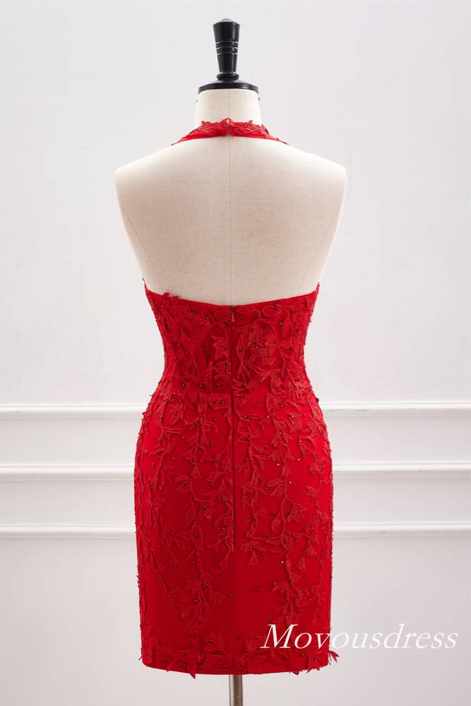 Halter Red Applique Beaded Tight Homecoming Dress