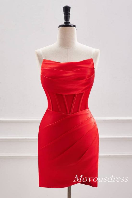 Red Strapless Boned Pleated Satin Homecoming Dress