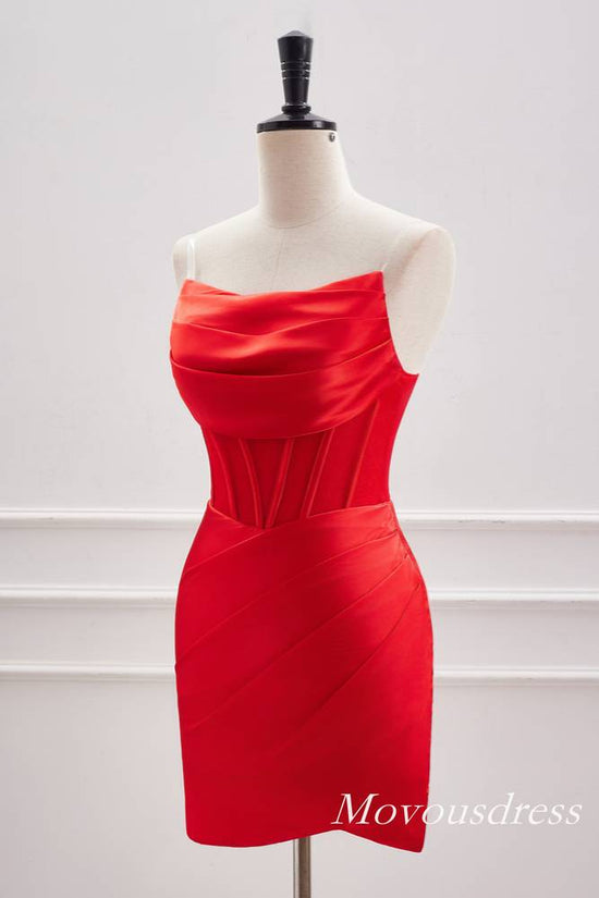 Red Strapless Boned Pleated Satin Homecoming Dress