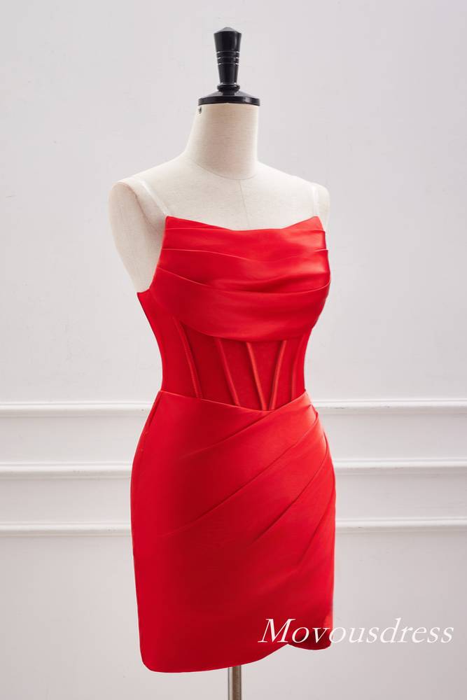 Red Strapless Boned Pleated Satin Homecoming Dress