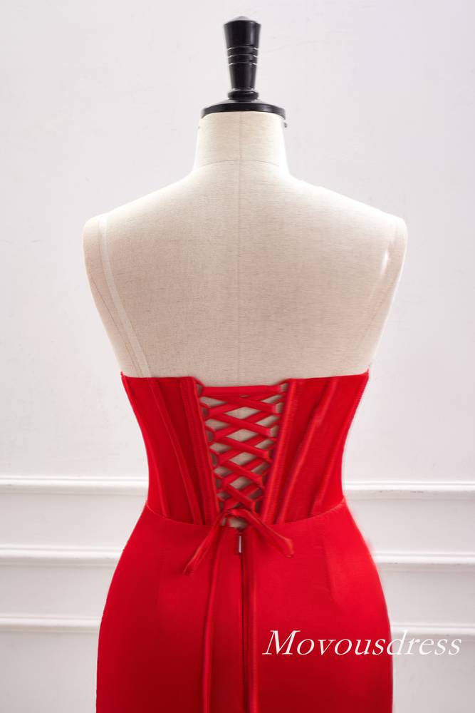 Red Strapless Boned Pleated Satin Homecoming Dress