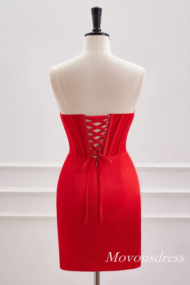 Red Strapless Boned Pleated Satin Homecoming Dress