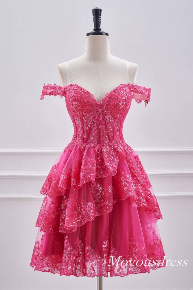 Hot Pink Off the Shoulder Sequin A-Line Homecoming Dress