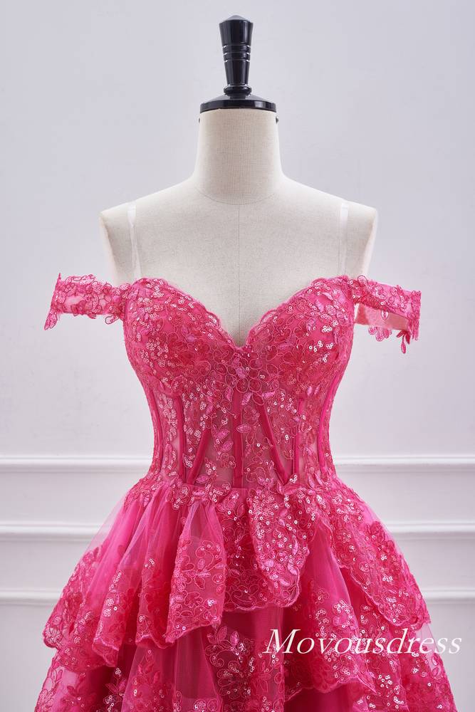 Hot Pink Off the Shoulder Sequin A-Line Homecoming Dress