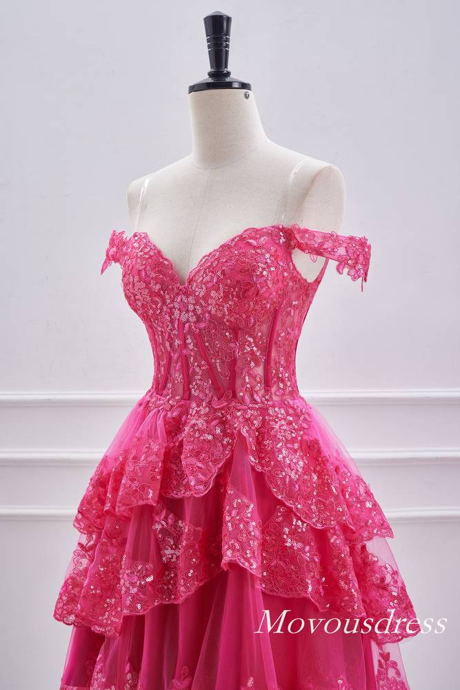 Hot Pink Off the Shoulder Sequin A-Line Homecoming Dress