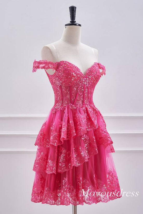 Hot Pink Off the Shoulder Sequin A-Line Homecoming Dress