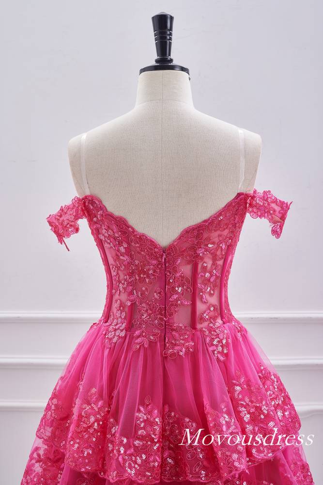 Hot Pink Off the Shoulder Sequin A-Line Homecoming Dress