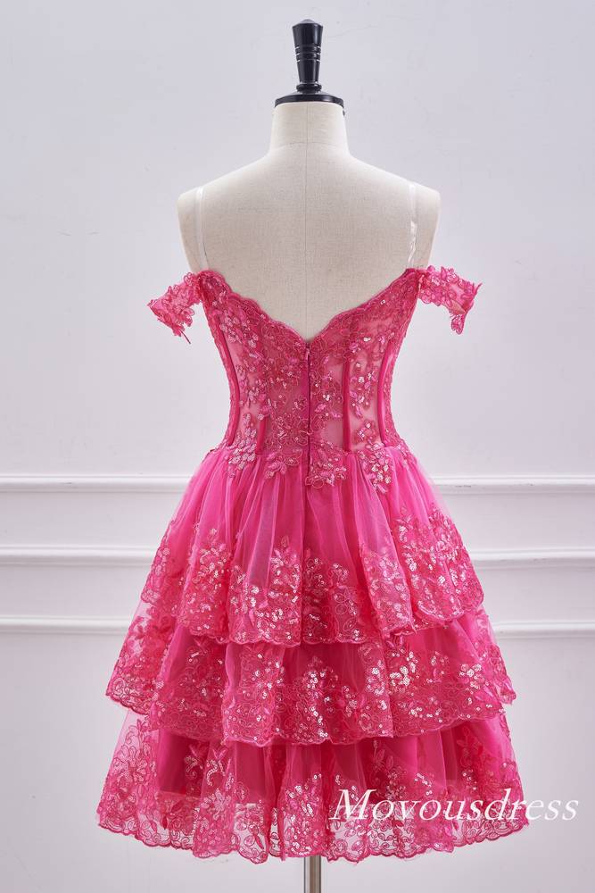 Hot Pink Off the Shoulder Sequin A-Line Homecoming Dress