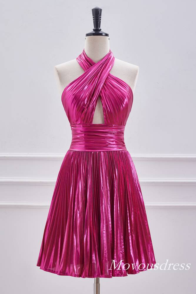 Fuchsia Crossed Halter Metallic A-Line Homecoming Dress