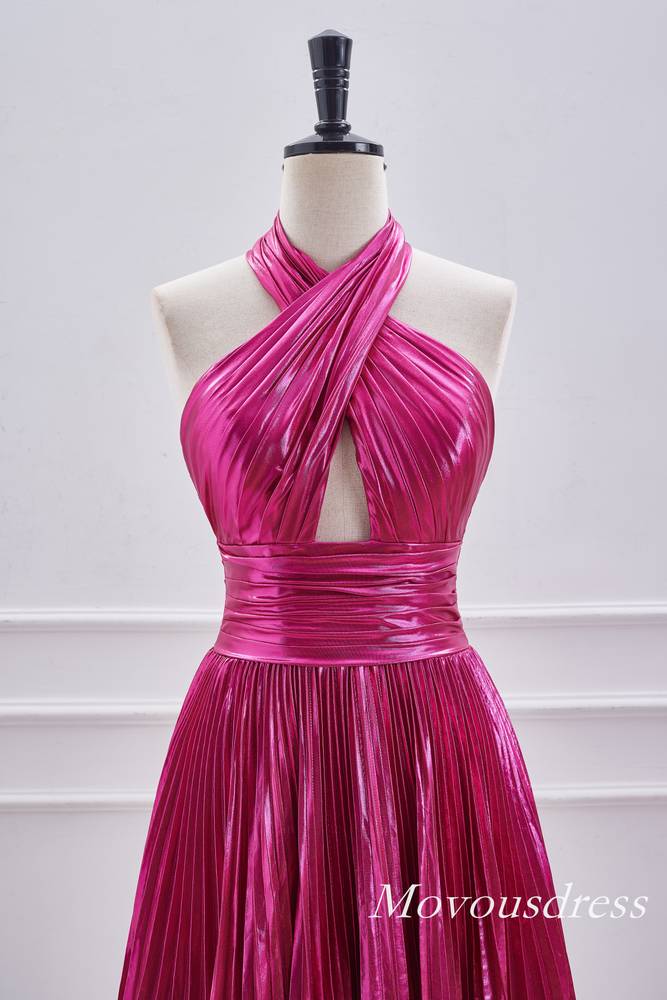 Fuchsia Crossed Halter Metallic A-Line Homecoming Dress