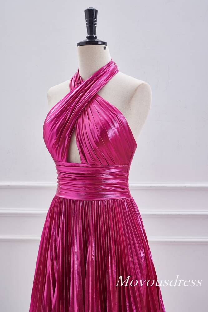 Fuchsia Crossed Halter Metallic A-Line Homecoming Dress