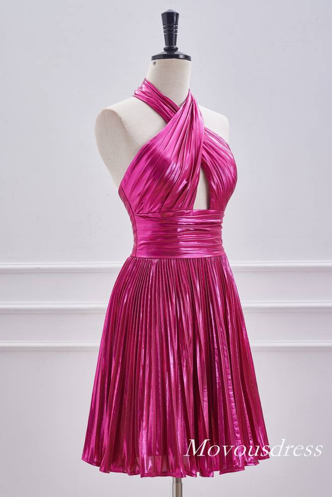 Fuchsia Crossed Halter Metallic A-Line Homecoming Dress