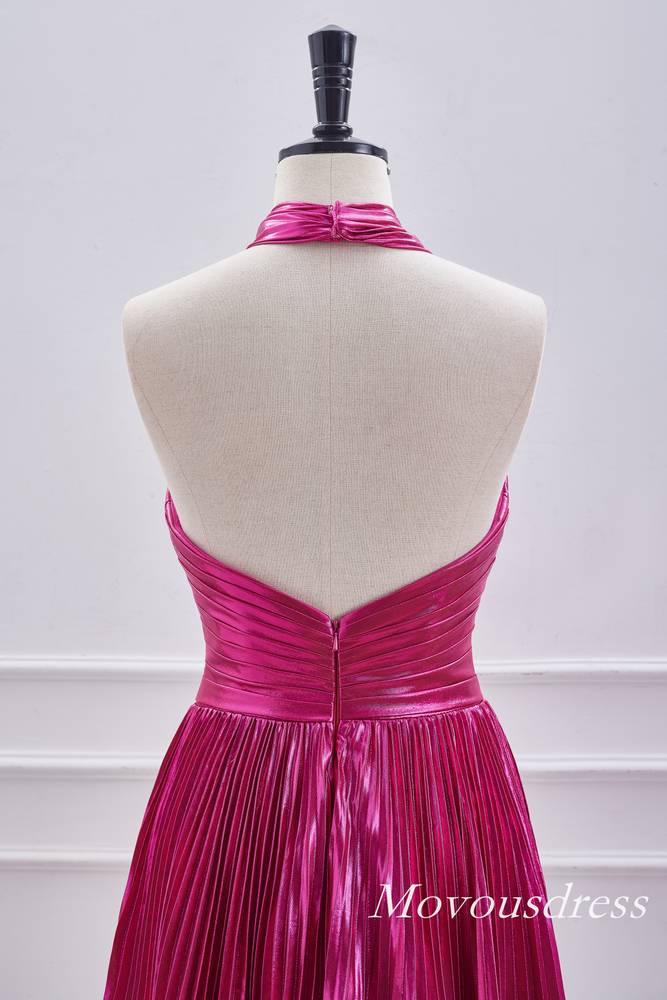 Fuchsia Crossed Halter Metallic A-Line Homecoming Dress