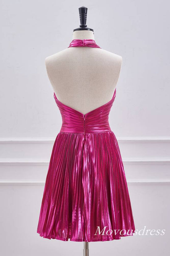 Fuchsia Crossed Halter Metallic A-Line Homecoming Dress