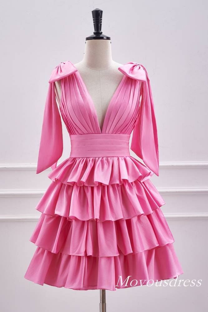 Pink V-Neck Tiered A-Line Homecoming Dress with Bow Tie