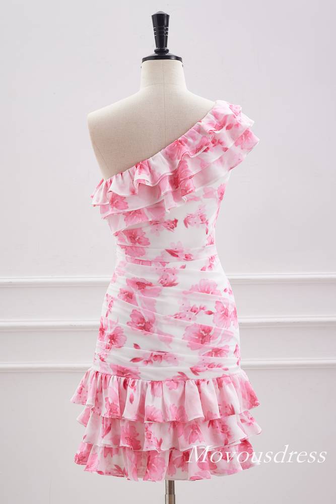 Pink V-Neck Tiered A-Line Homecoming Dress with Bow Tie