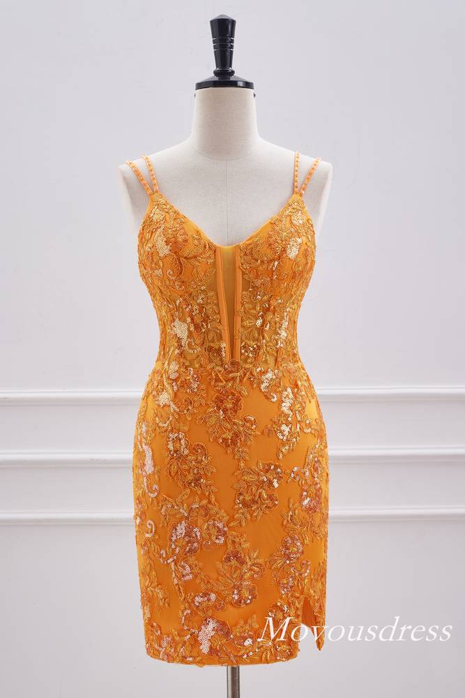 Neon Orange Plunging Neck Applique Tight Homecoming Dress