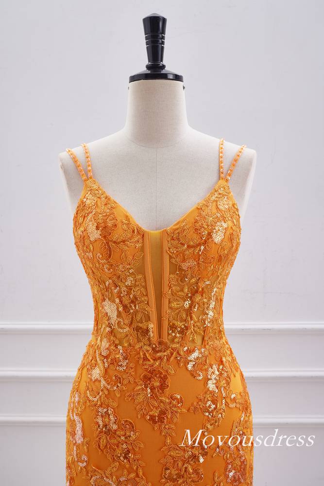 Neon Orange Plunging Neck Applique Tight Homecoming Dress