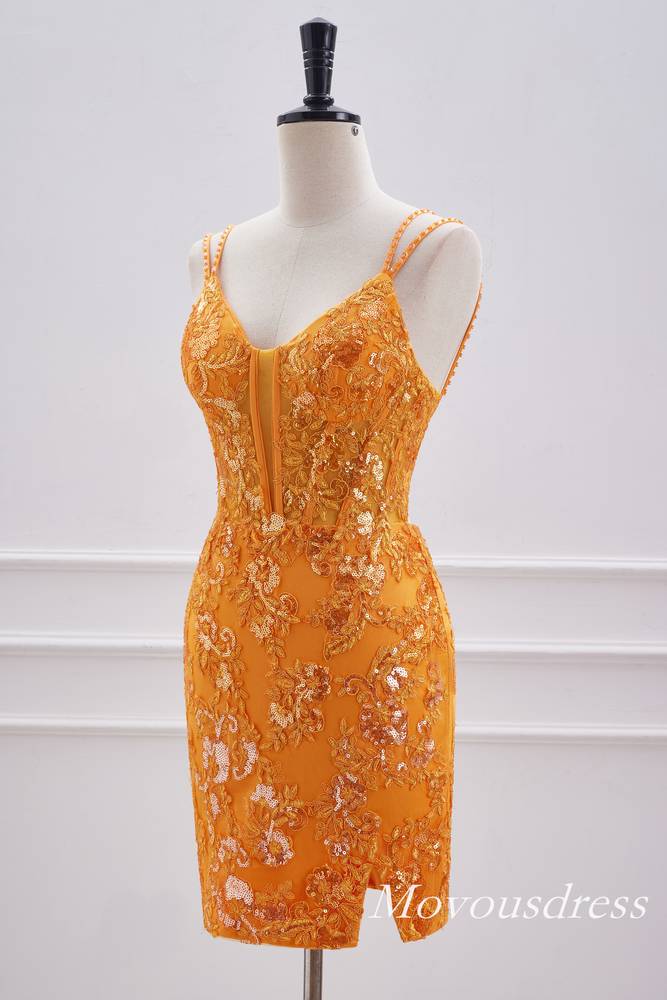 Neon Orange Plunging Neck Applique Tight Homecoming Dress