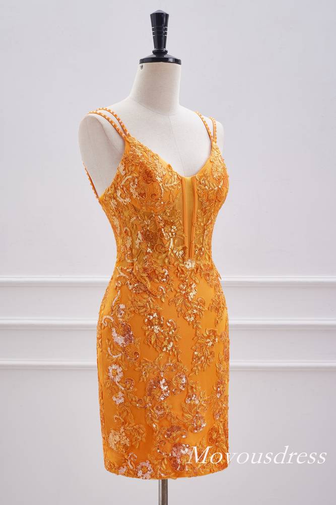 Neon Orange Plunging Neck Applique Tight Homecoming Dress